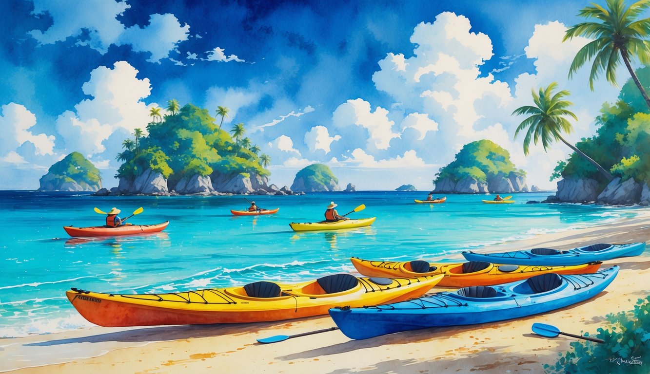 A coastal scene showing different kayaks on a beach and people kayaking between small tropical islands with palm trees and clear water.