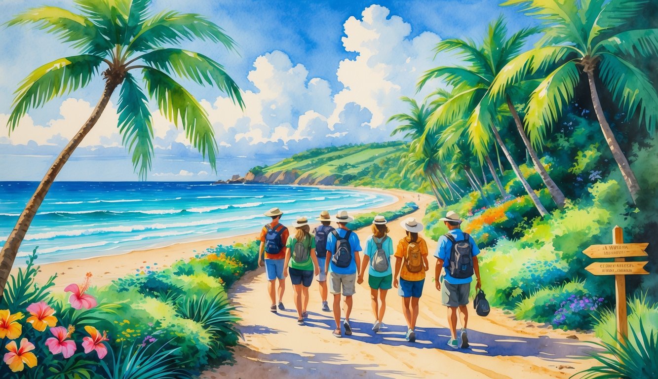 A coastal walking path in Hawaii with tropical plants, a sandy beach, and people enjoying a walk along the trail.