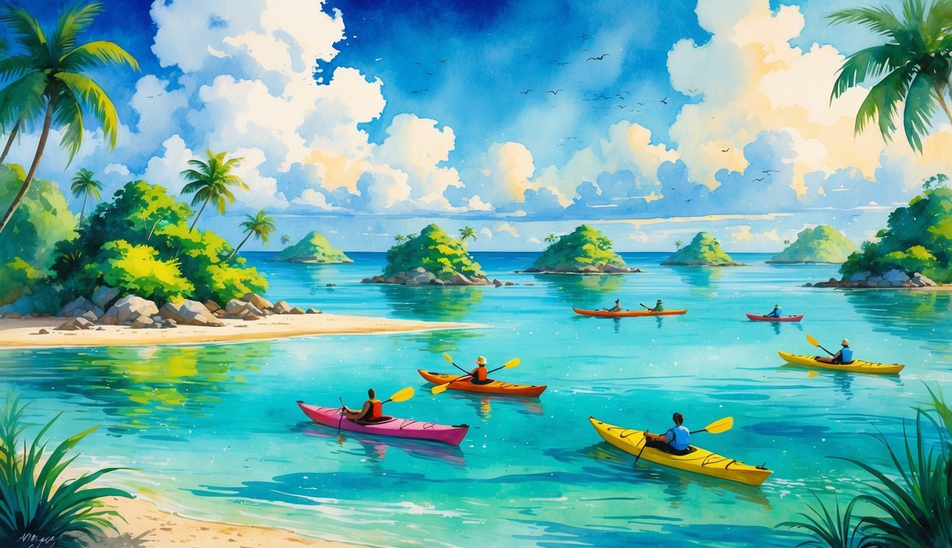 A peaceful tropical seascape with small islands, clear turquoise water, and kayaks floating near the shore under a bright sky.