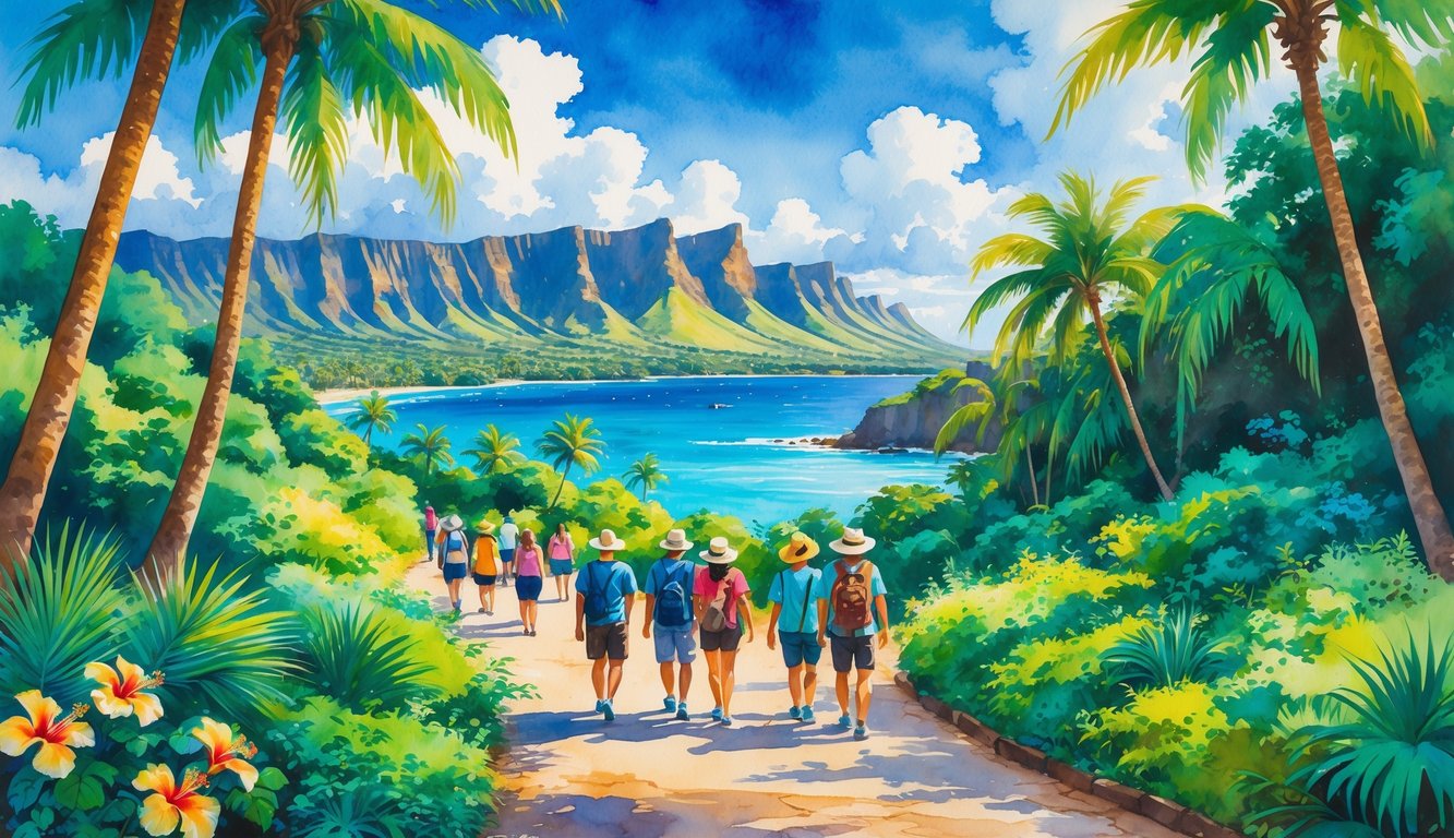 A group of people walking along a path surrounded by tropical plants, palm trees, mountains, and the ocean in the distance.