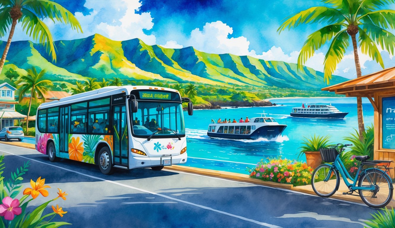 A coastal scene on Kauai with a bus on a road, a ferry on the ocean, and bicycles near a small town surrounded by green mountains and palm trees.