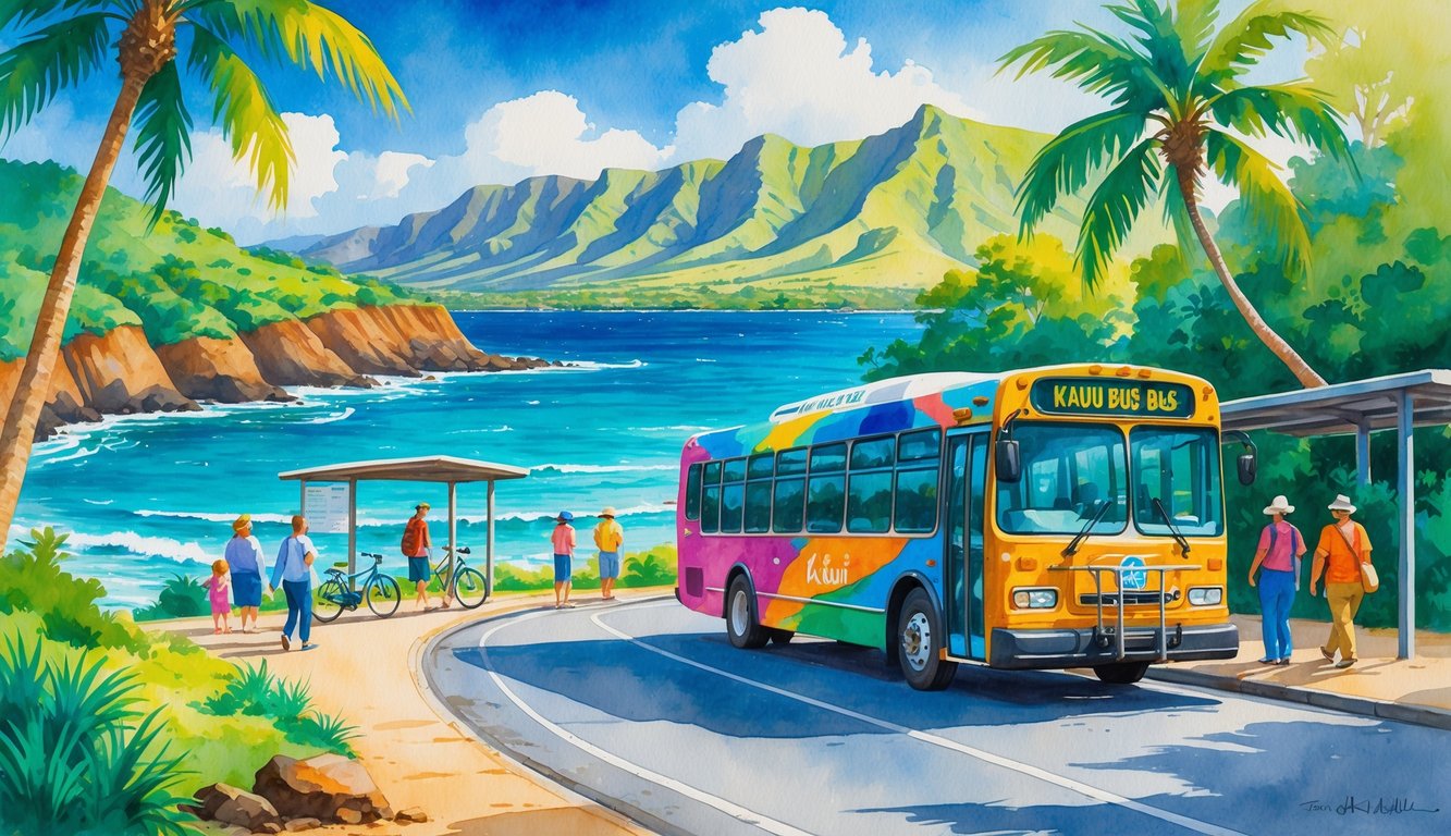 A coastal road in Kauai with a public bus, bicycles, travelers, palm trees, mountains, and ocean in the background.