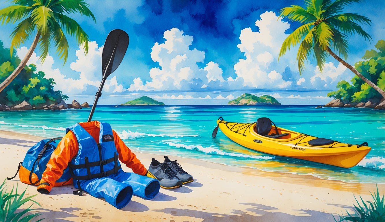 A beach scene with paddling gear including a kayak paddle, life jacket, dry bag, sun hat, and water shoes next to a kayak floating by the shore with tropical islands in the background.