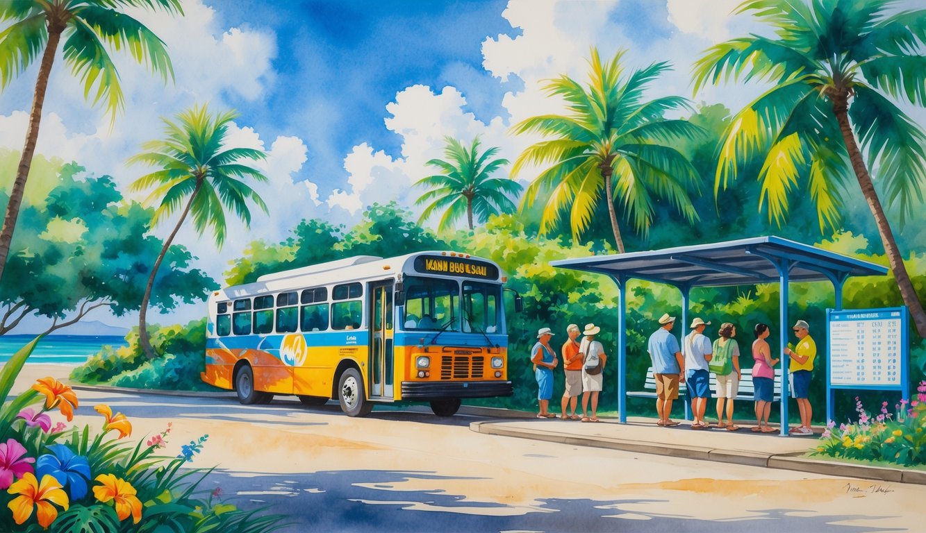 A Kauai bus parked at a bus stop surrounded by palm trees and tropical plants, with people waiting nearby under a sunny sky.