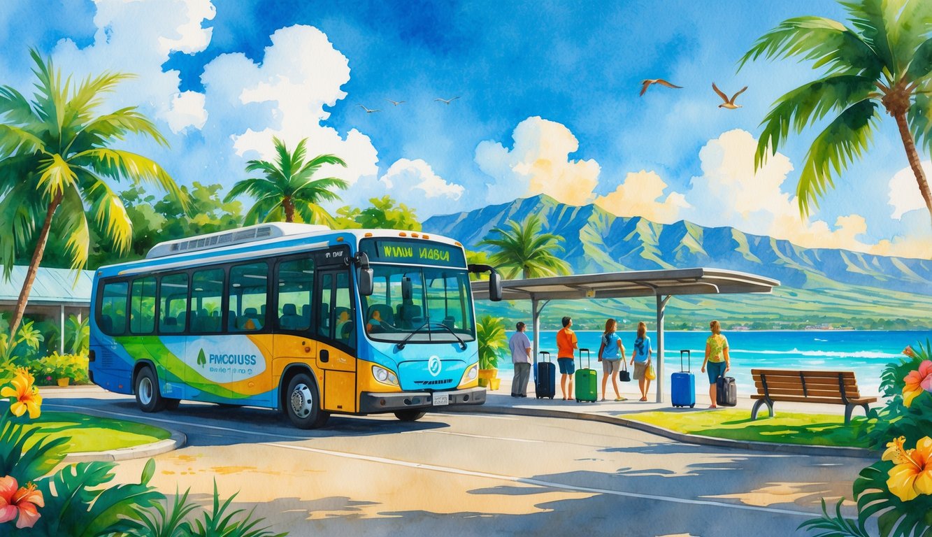 People boarding a shuttle bus at a tropical airport transit stop with palm trees, mountains, and ocean in the background.