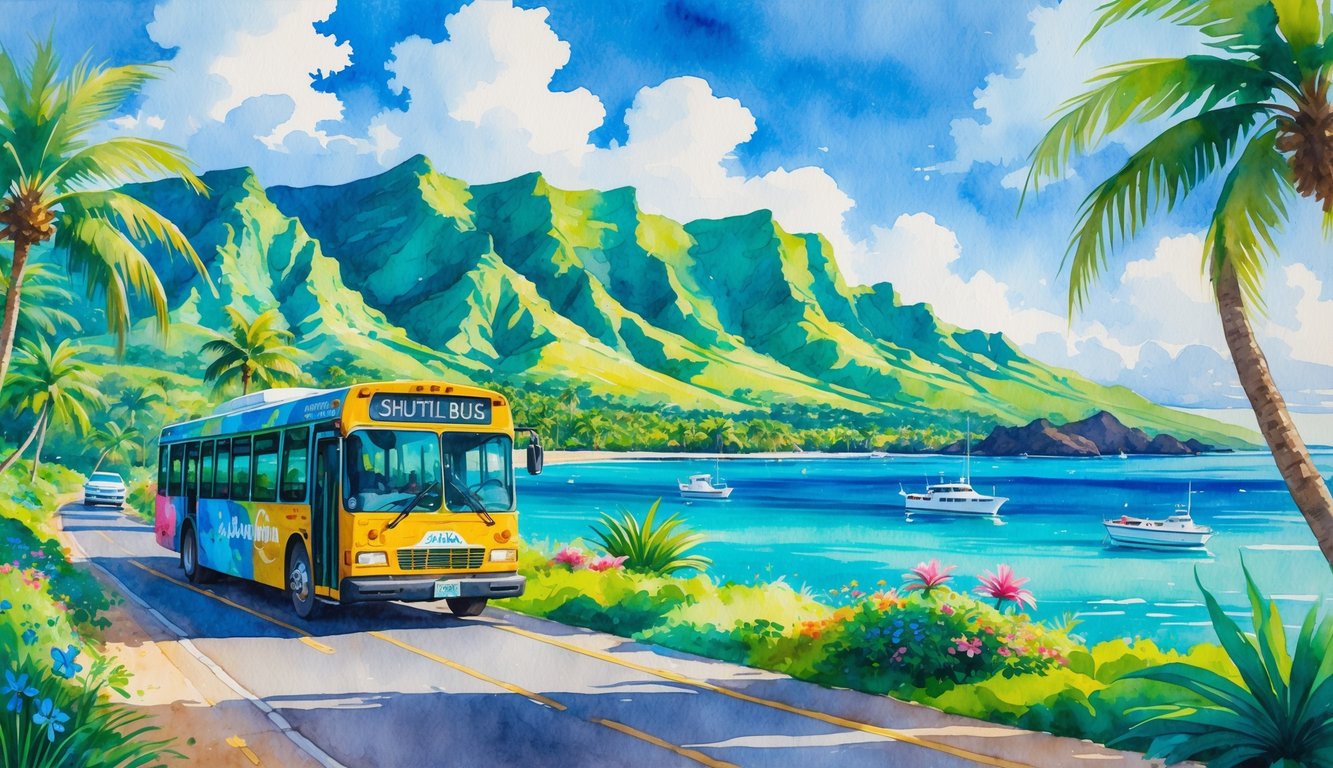 A shuttle bus driving along a coastal road on an island with tropical plants, mountains, and a harbor with boats in the background.