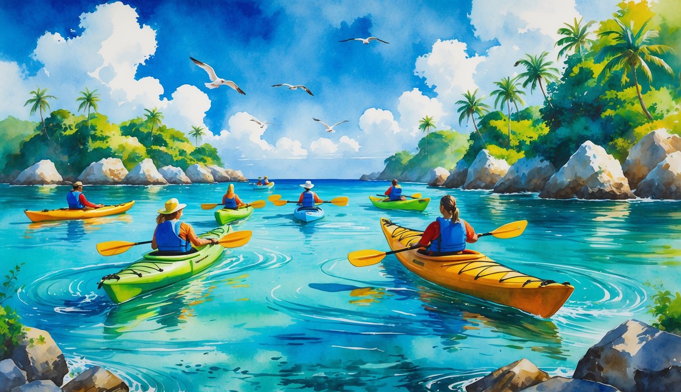 A group of people kayaking together near small tropical islands with palm trees and clear water under a blue sky.