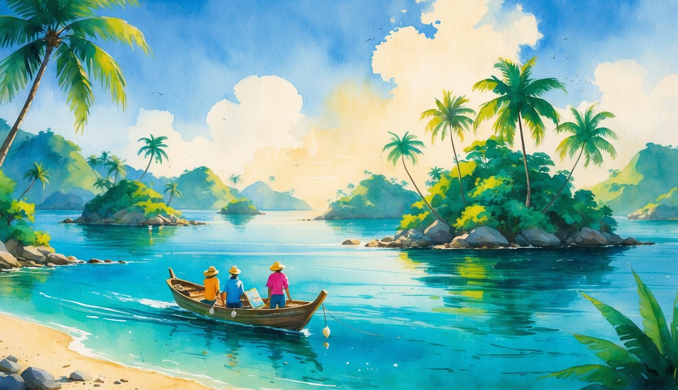A small wooden boat carrying travelers moves through calm turquoise waters between lush tropical islands with palm trees and sandy beaches under a clear sky.