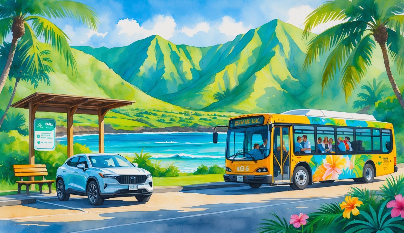 A scenic view of a Kauai roadside with a ride share car and a public transit bus near a bus stop surrounded by tropical trees and mountains.