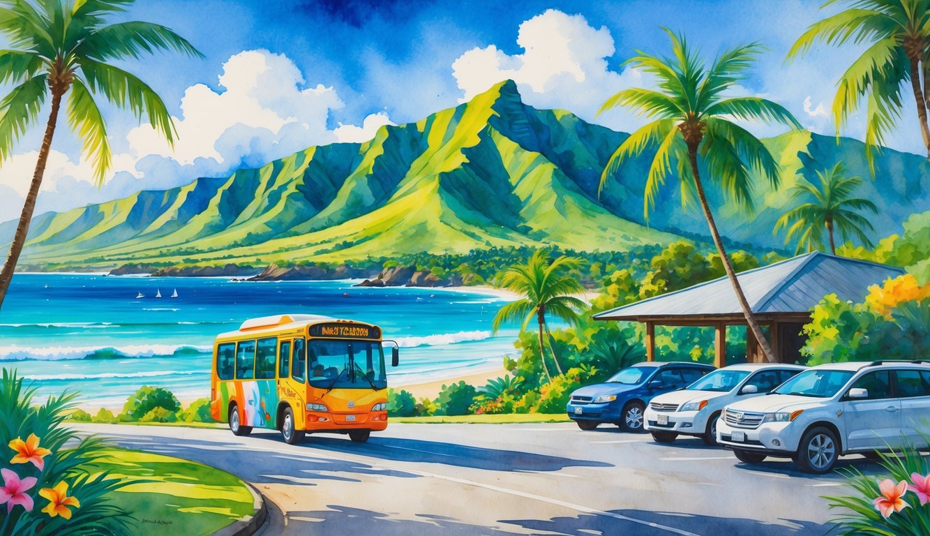 A tropical coastal road in Kauai with a public transit bus, parked rental cars, palm trees, mountains, and ocean waves.