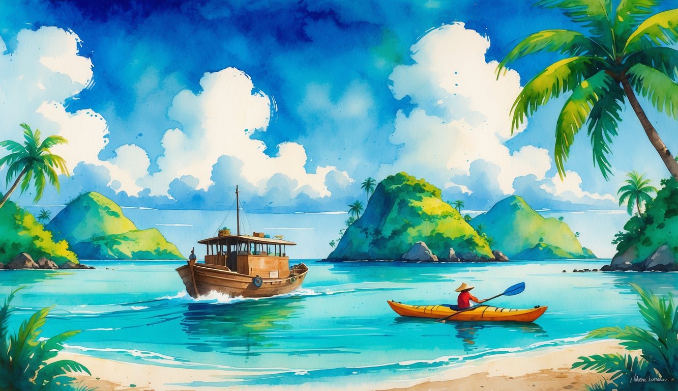 A watercolor scene of a small ferry boat and a kayak on turquoise water with green islands and palm trees in the background.