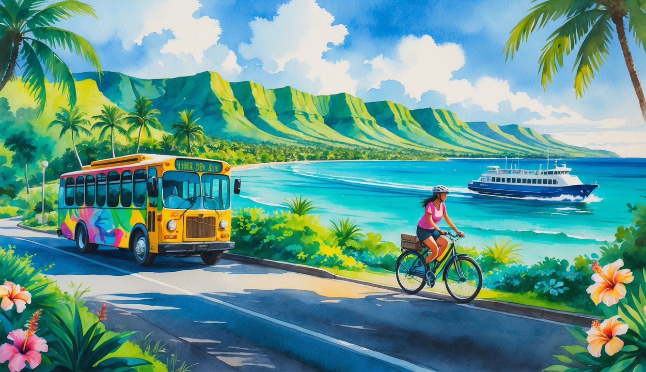 A coastal scene showing a trolley bus on a road, a ferry boat on the water, and a person riding a bicycle near tropical plants and mountains.