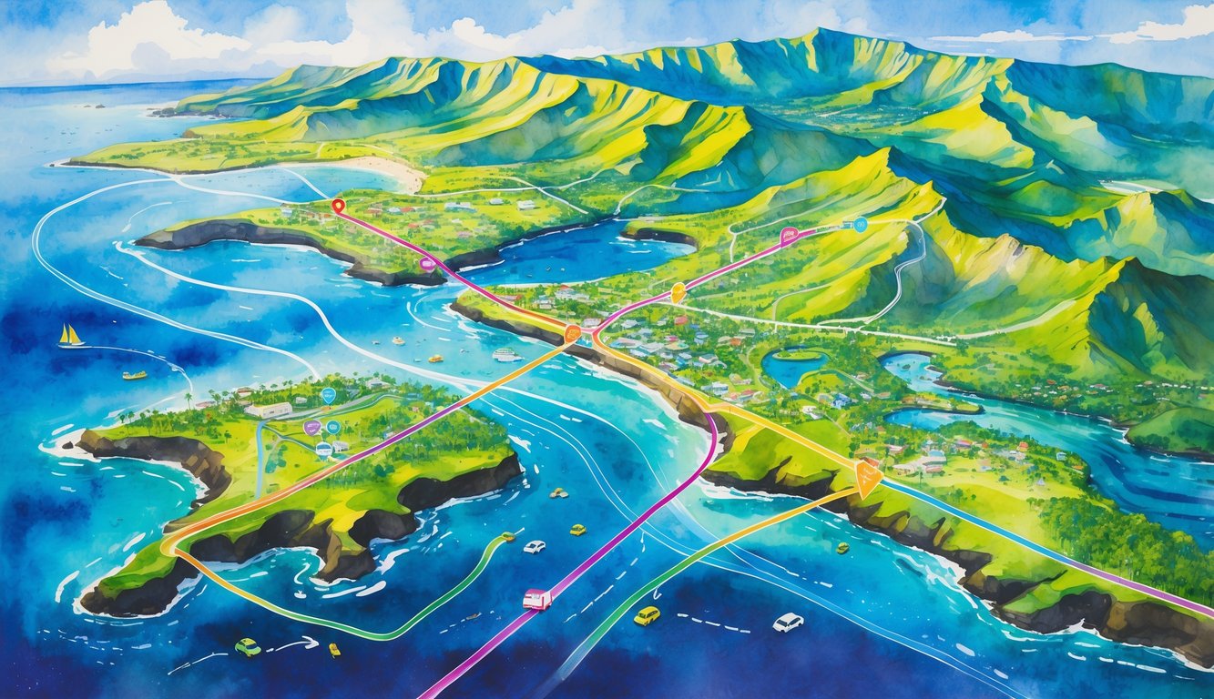 A colorful aerial view of Kauai island showing main roads, bus routes, tropical landscapes, mountains, ocean, and small towns connected by public transit.