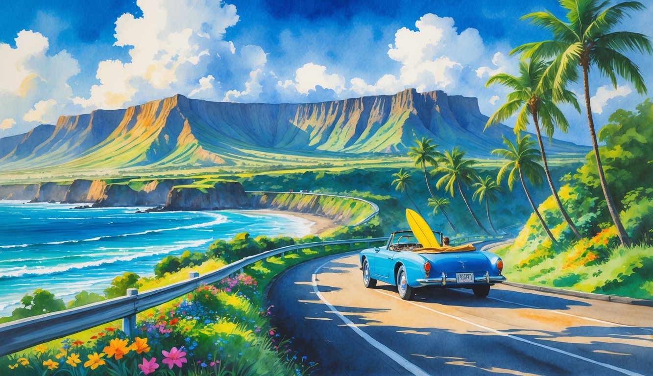 A winding coastal road on the Big Island with a car driving past tropical trees, mountains, ocean, and a waterfall in the distance.