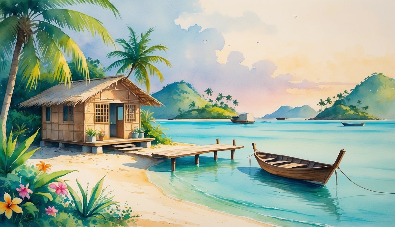A peaceful tropical island scene with a small beach bungalow, a wooden dock, a boat on calm turquoise water, and distant palm-covered islands under a soft sky.