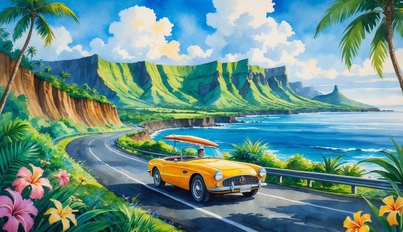 A coastal road winding along green cliffs with a car driving beside the ocean, volcanic mountains in the background, and tropical plants in the foreground.