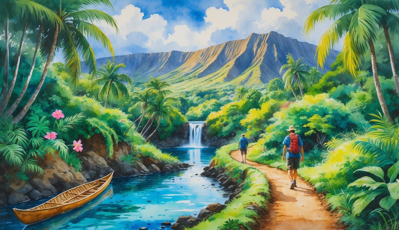 A narrow dirt path winding through tropical plants and palm trees with mountains and a waterfall in the background, and a hiker walking along the trail near a canoe by the water.