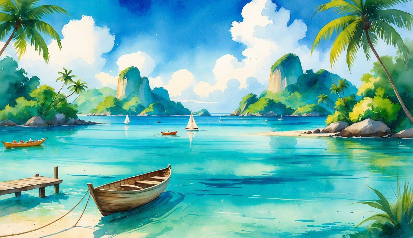 A peaceful tropical scene with several green islands, sandy beaches, a wooden boat on clear water, and small sailboats between the islands.