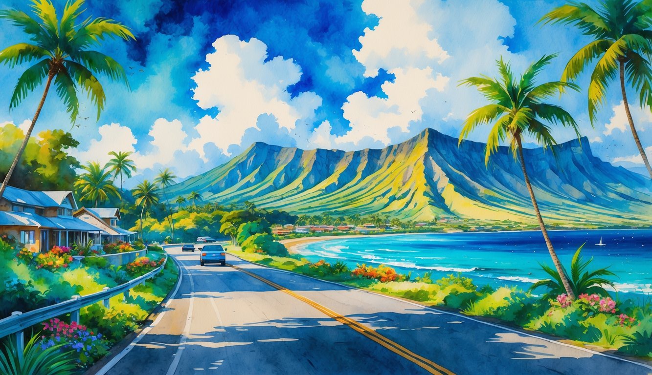 A scenic coastal road winding through tropical vegetation and volcanic mountains on the Big Island, with beaches and small villages nearby.