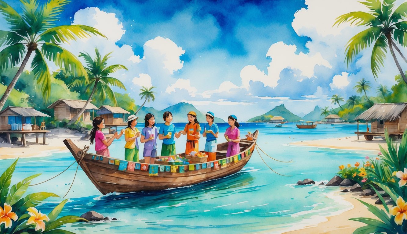 A small wooden boat on clear turquoise water with travelers interacting with local islanders near lush green islands with sandy beaches.