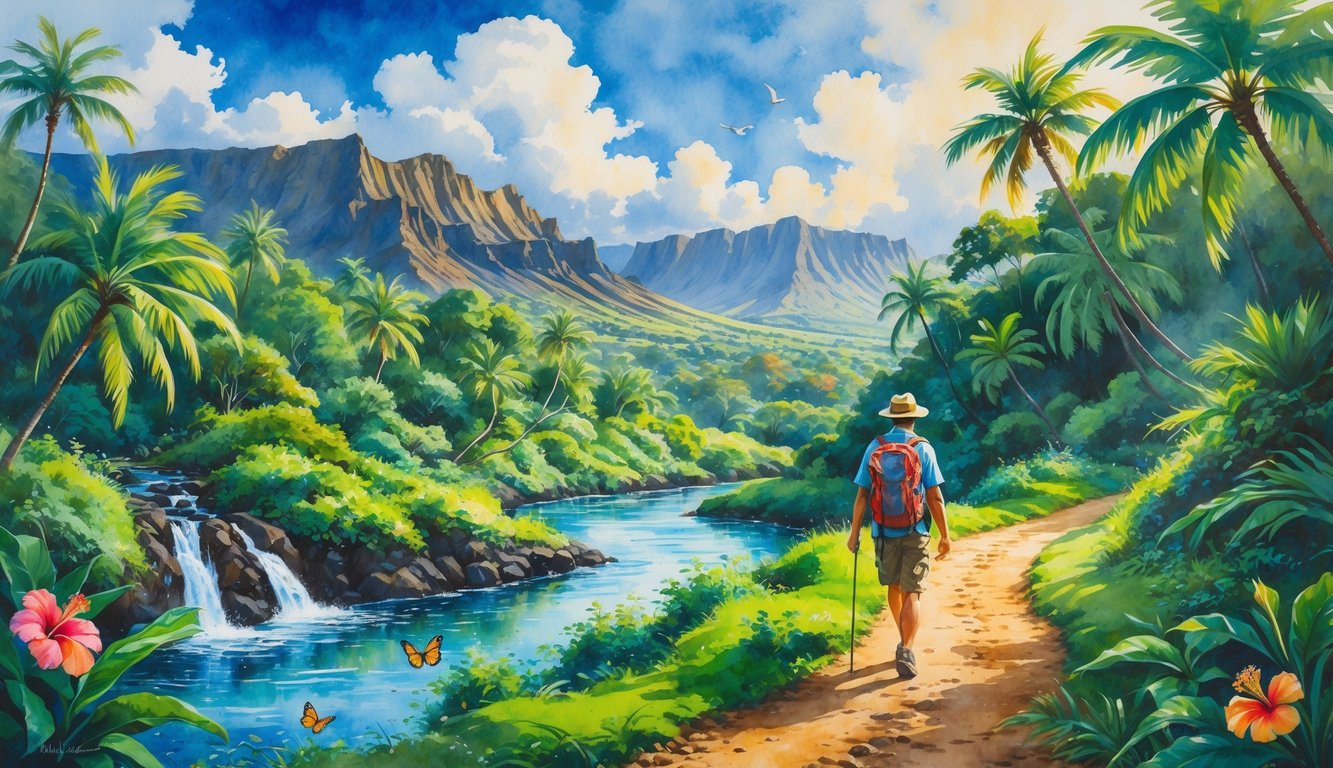A hiker walking along a dirt trail surrounded by tropical trees, flowers, a waterfall, and volcanic mountains in the background.