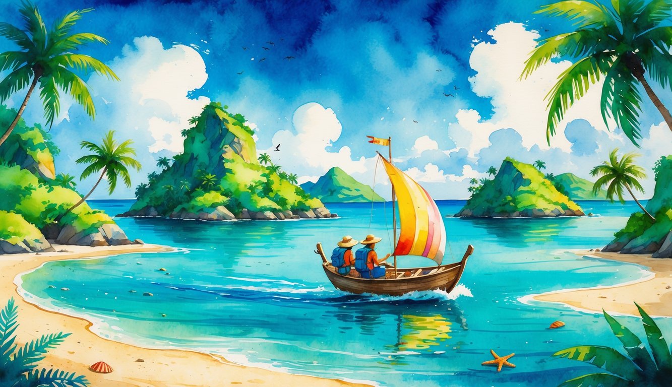 A boat sailing between green tropical islands with clear blue water and sandy beaches under a bright sky.