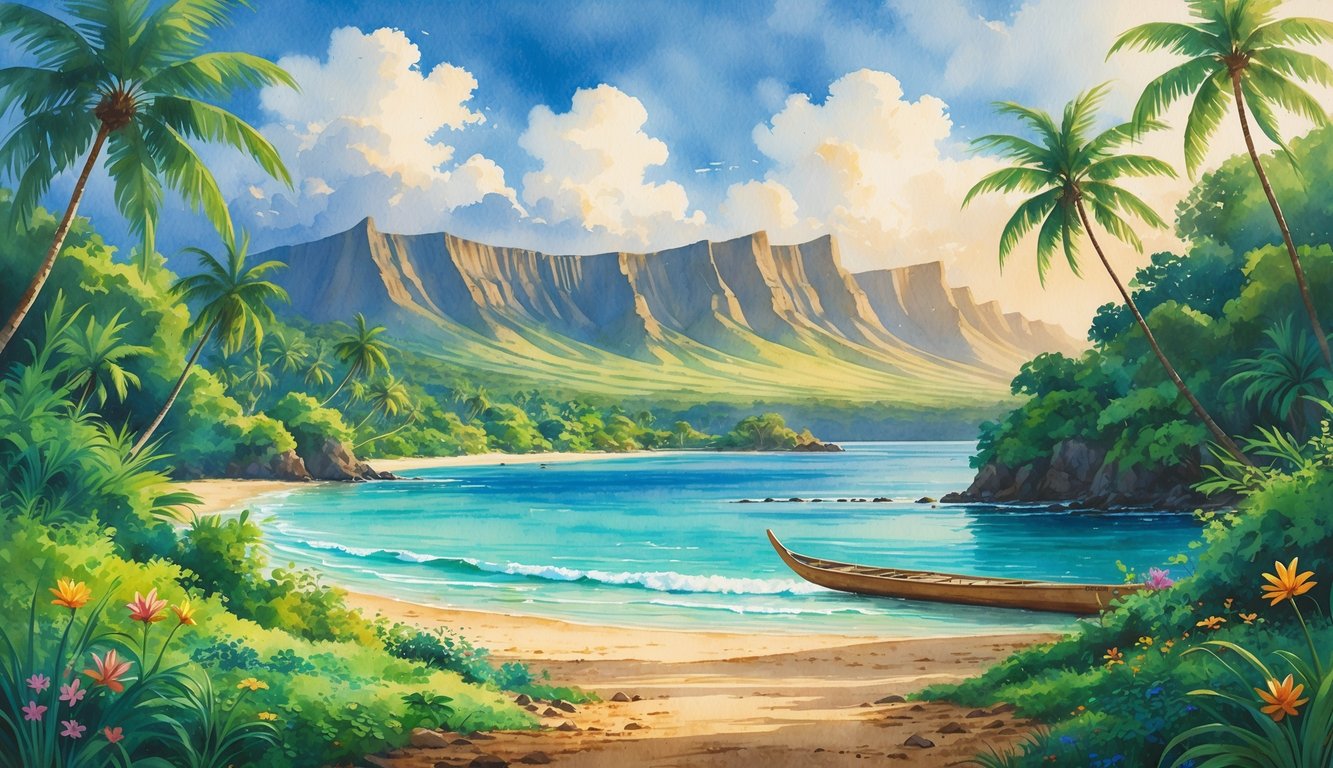A tropical Hawaiian landscape with green palm trees, a turquoise lagoon, volcanic mountains, a narrow dirt path, and a secluded beach with gentle waves.