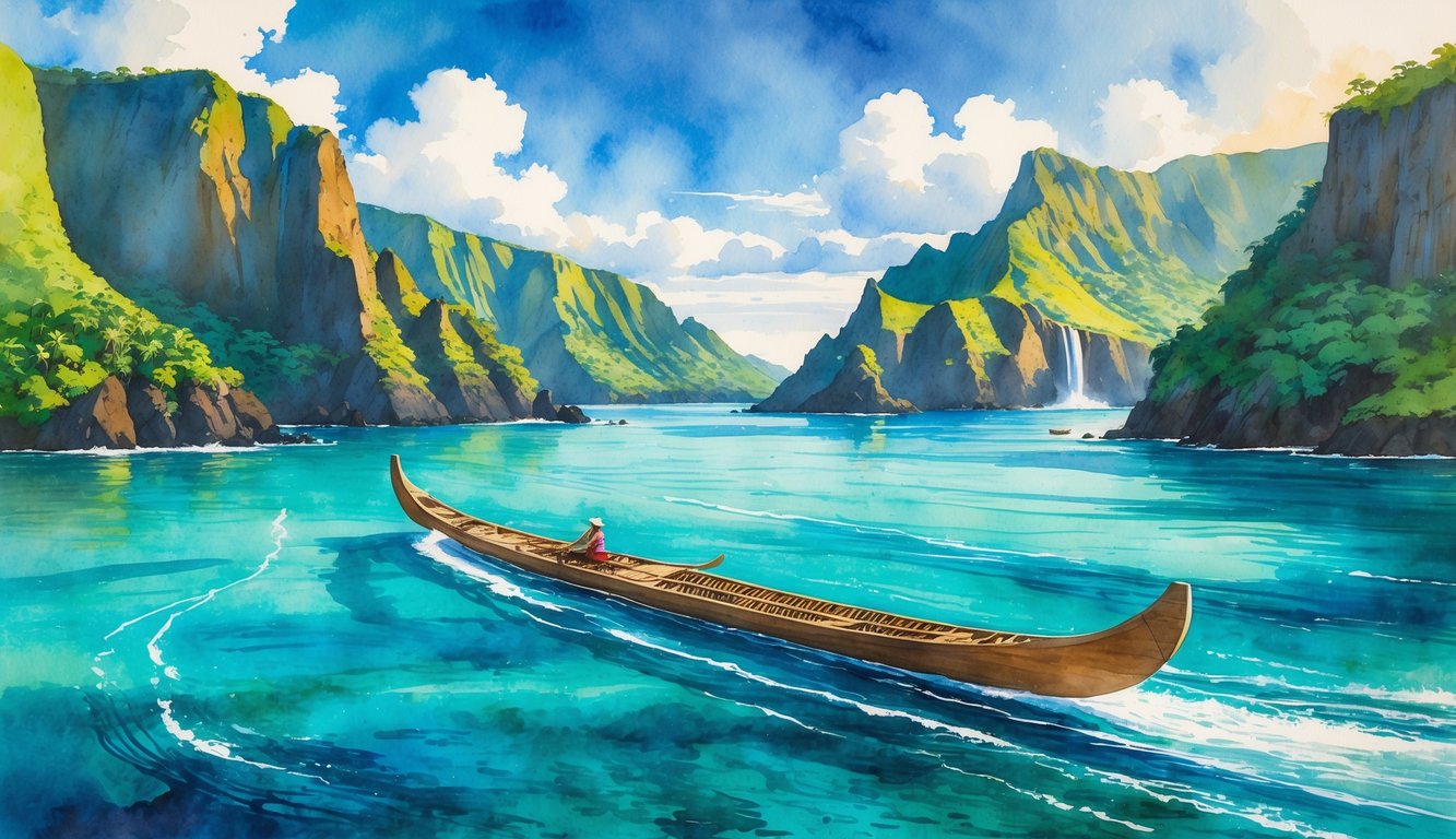 A canoe traveling on clear blue water near green volcanic islands with cliffs and a waterfall in the distance.