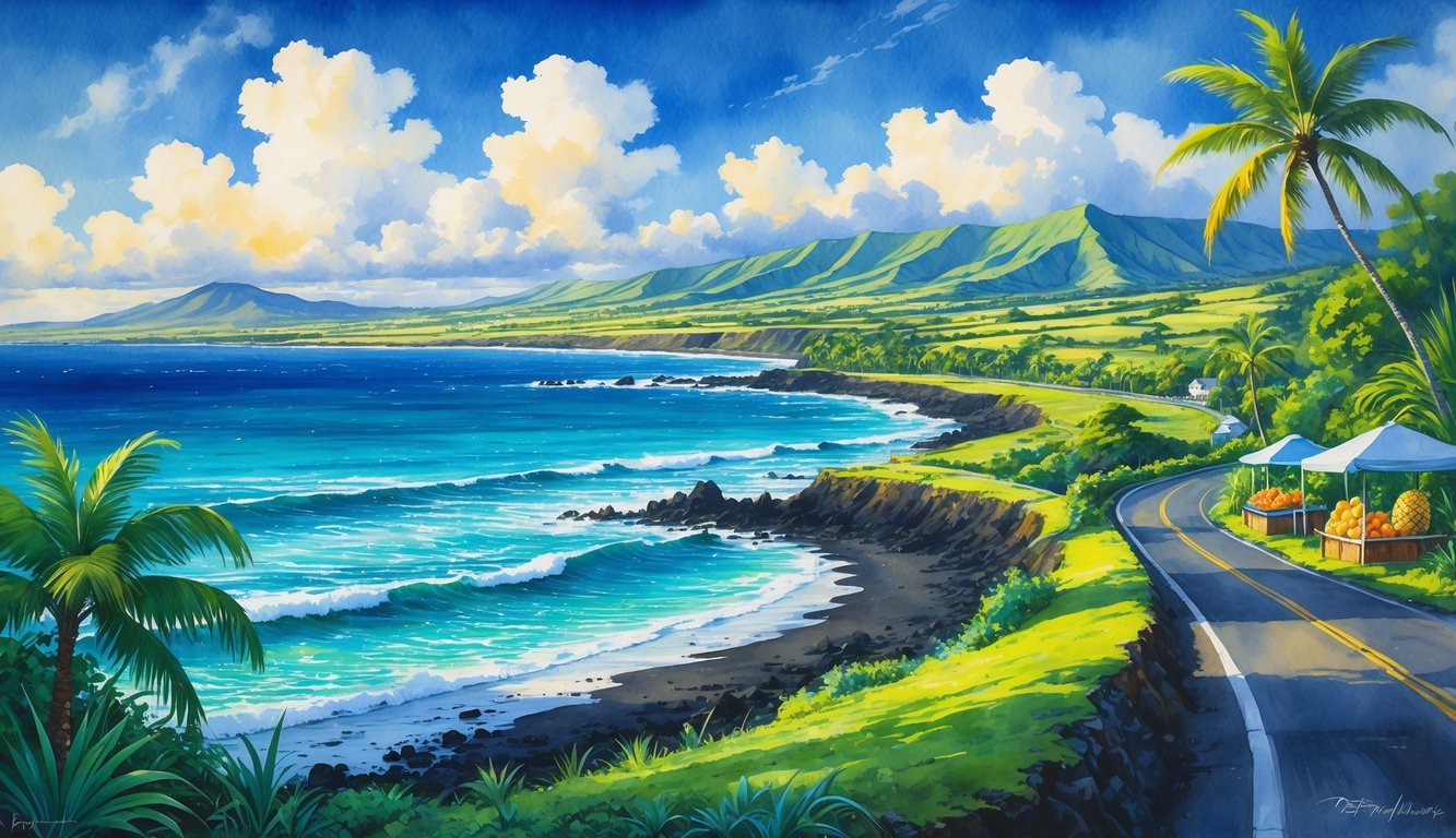 A coastal road winding along the shoreline with tropical vegetation, volcanic rocks, and distant mountains under a blue sky.