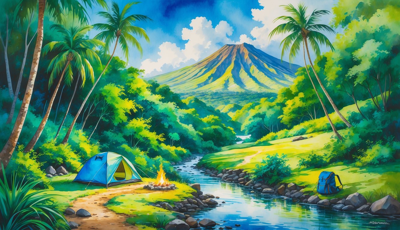A campsite with a tent and campfire beside a forest trail leading to a distant volcanic mountain in a lush Hawaiian landscape.