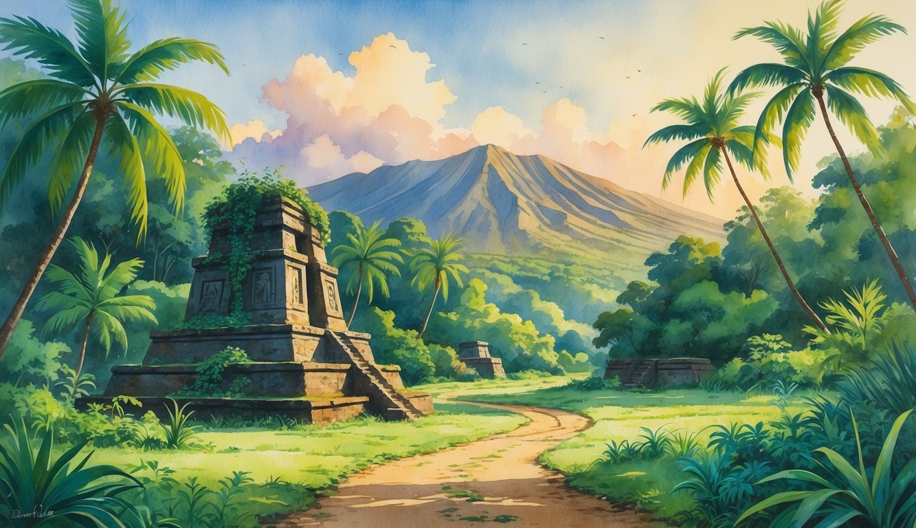 A lush tropical forest with a narrow path leading to an ancient stone temple surrounded by tall palm trees and volcanic mountains in the background.