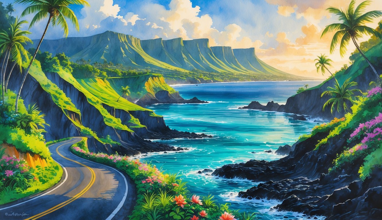 A coastal road winding through green cliffs and tropical vegetation with volcanic mountains in the background and waves hitting black rocks along the shore.