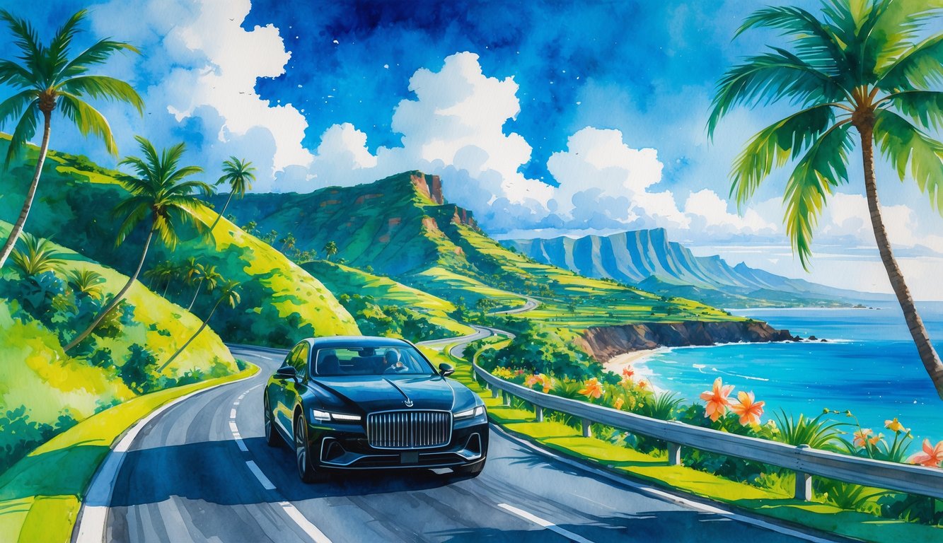 A luxury car driving on a coastal road surrounded by green hills, palm trees, tropical flowers, mountains, and the ocean in the background.