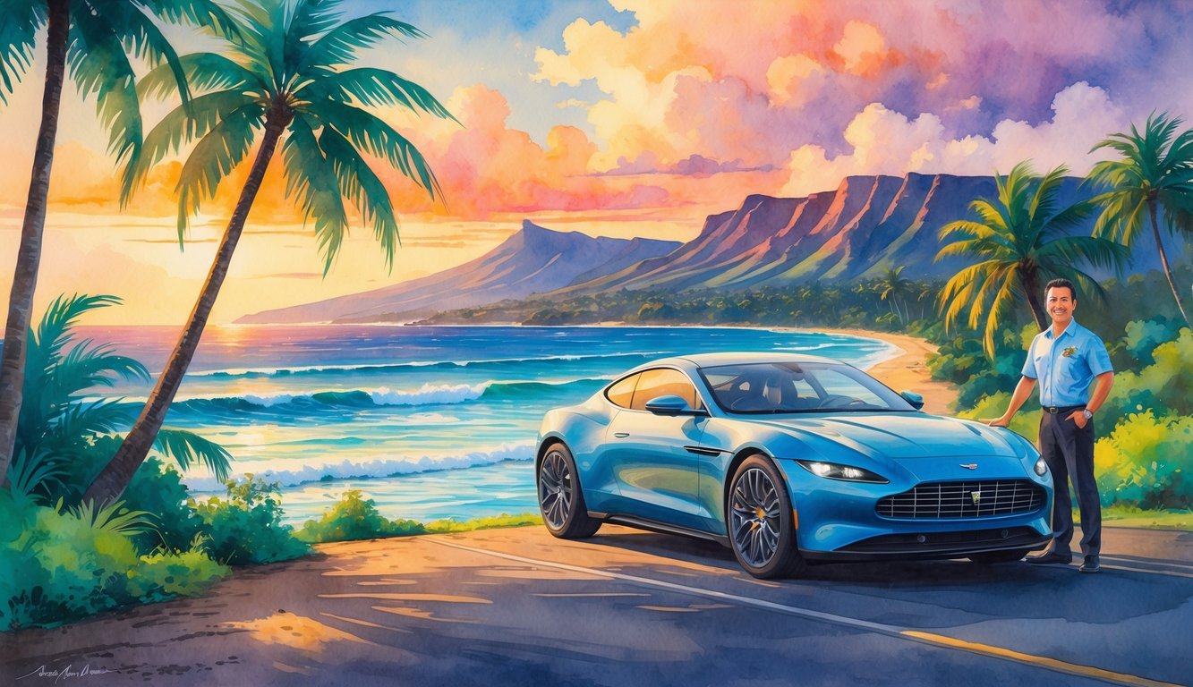 A private car parked by a palm-lined coastal road in Hawaii at sunset, with a driver standing nearby and tropical mountains and ocean in the background.