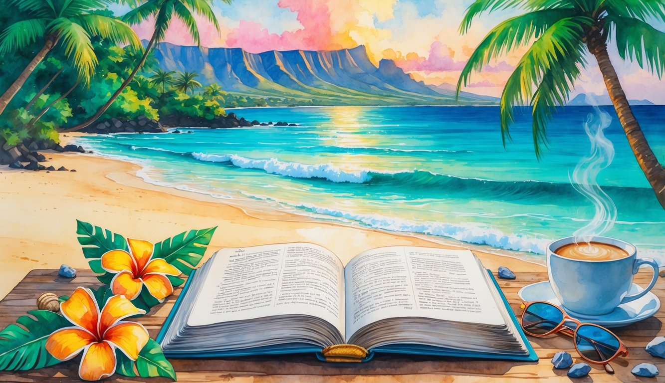 A peaceful Hawaiian beach at sunrise with an open book on a table surrounded by tropical flowers, coffee, sunglasses, palm trees, ocean, and mountains.