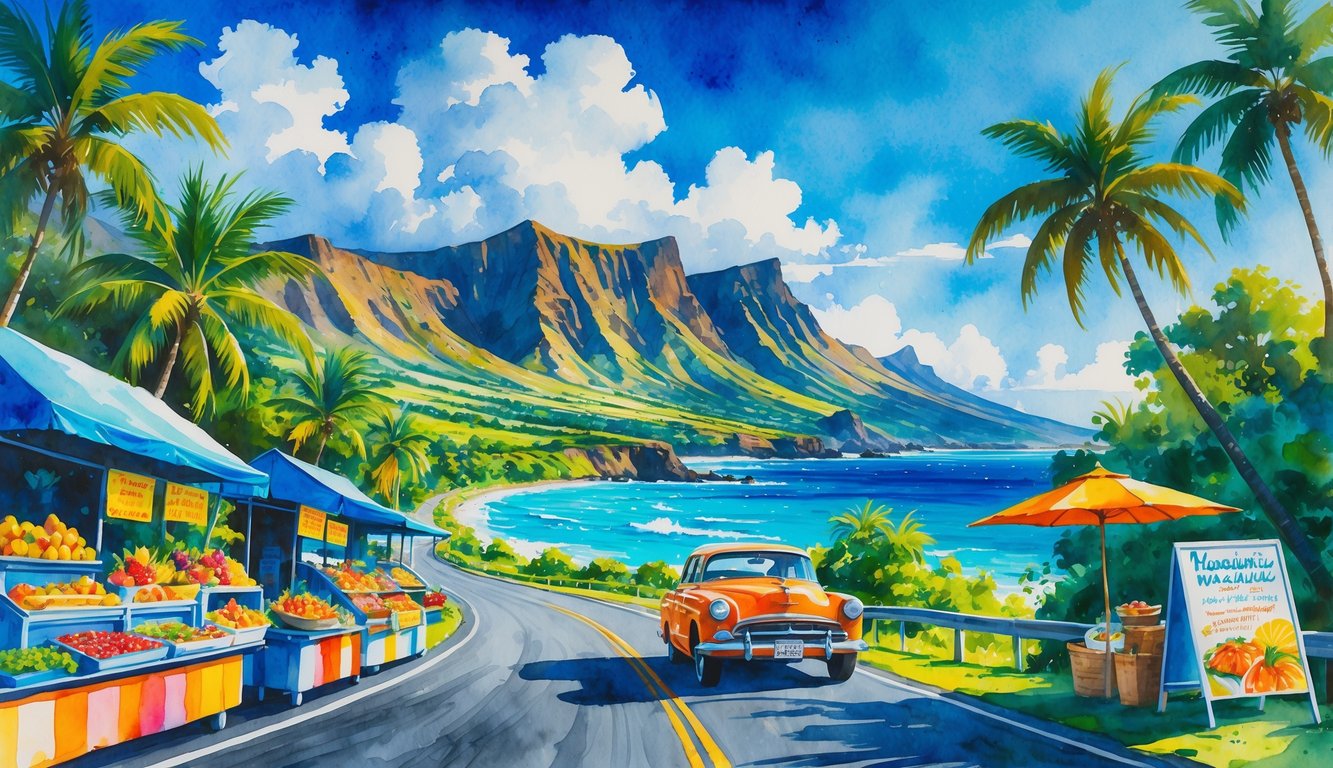 A coastal road on the Big Island with tropical plants, a roadside stand selling local food, volcanic mountains, palm trees, and a car driving along the highway.