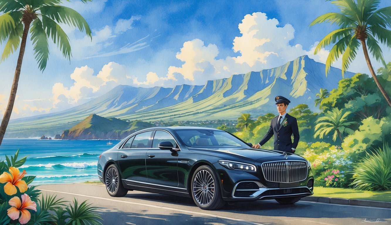A luxury car parked on a tropical coastal road in Hawaii with a driver standing beside it, mountains and ocean visible in the background.