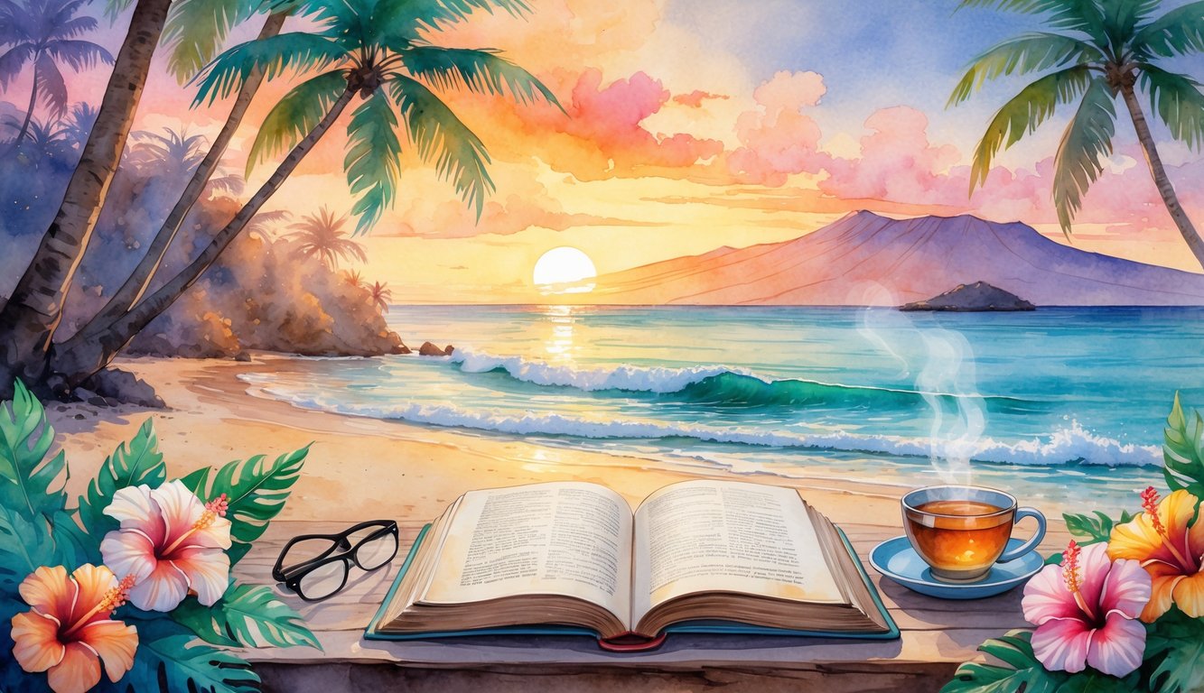 A peaceful beach scene at sunset with an open book on a wooden table surrounded by tropical flowers, palm trees, ocean waves, and distant mountains.