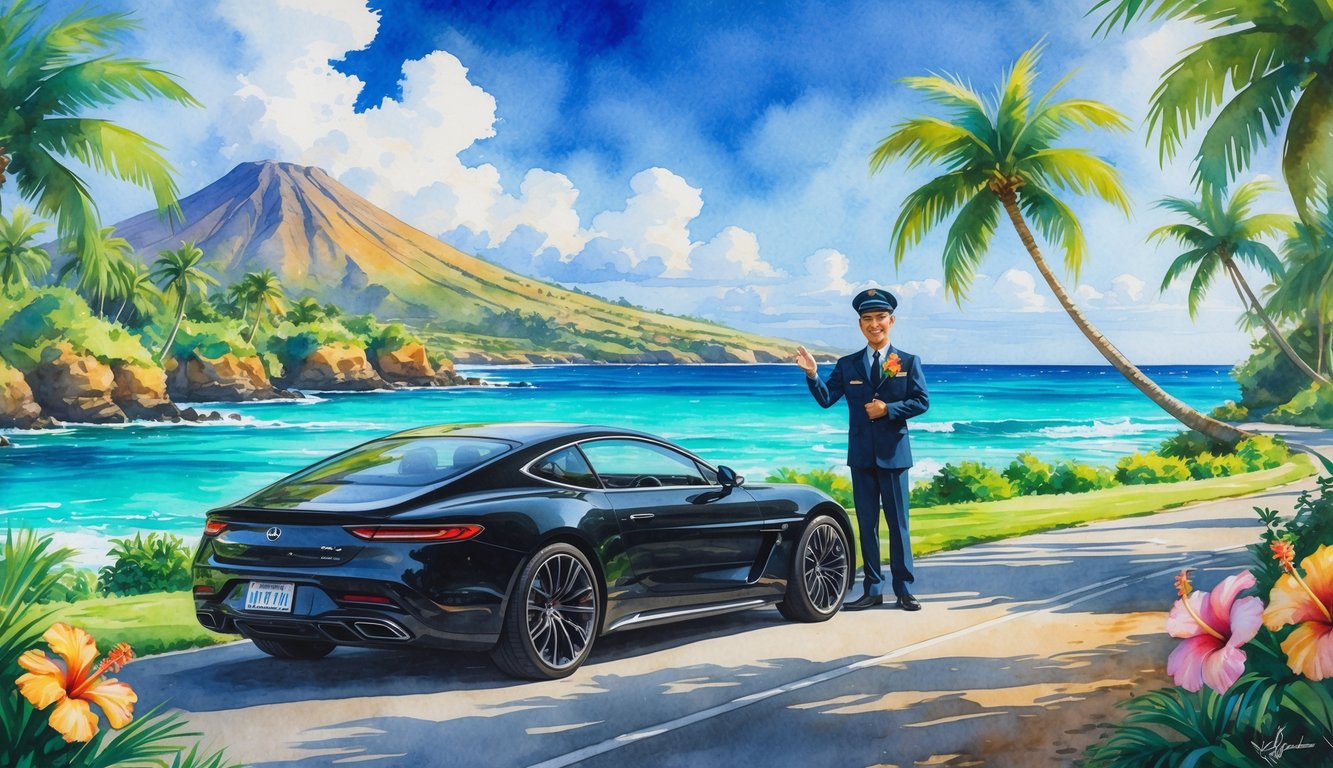 A luxury car parked on a coastal road in Hawaii with a driver standing nearby, surrounded by palm trees, tropical flowers, ocean waves, and a distant volcano.