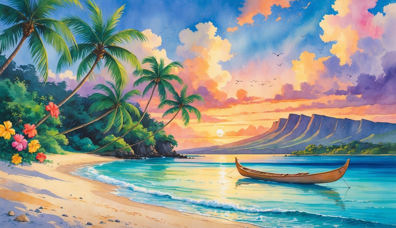 A peaceful Hawaiian beach at sunset with palm trees, a canoe on clear water, tropical flowers, and mountains in the background.