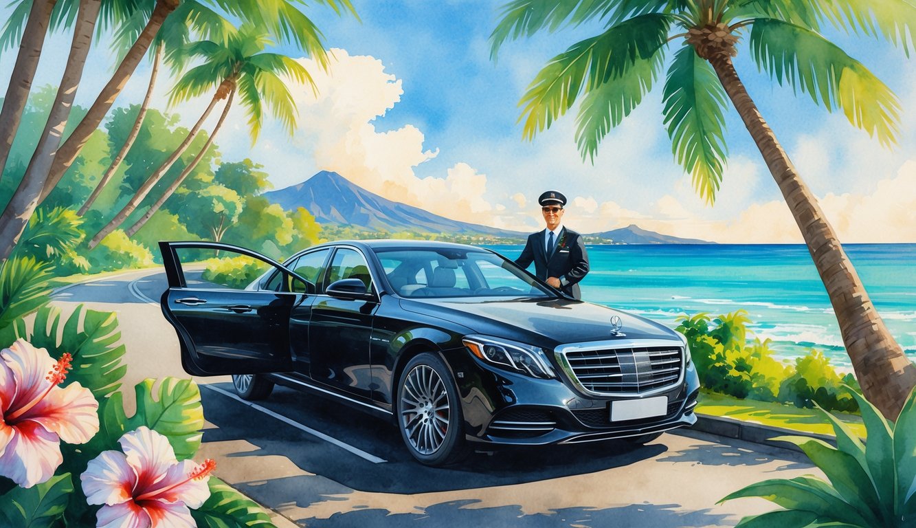 A luxury car parked by a palm tree-lined coastal road with a driver standing beside it, ocean and mountains in the background.