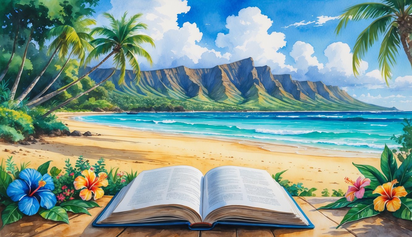 A tropical Hawaiian beach with palm trees, turquoise water, colorful flowers, an open book on a wooden table, and volcanic mountains in the background.