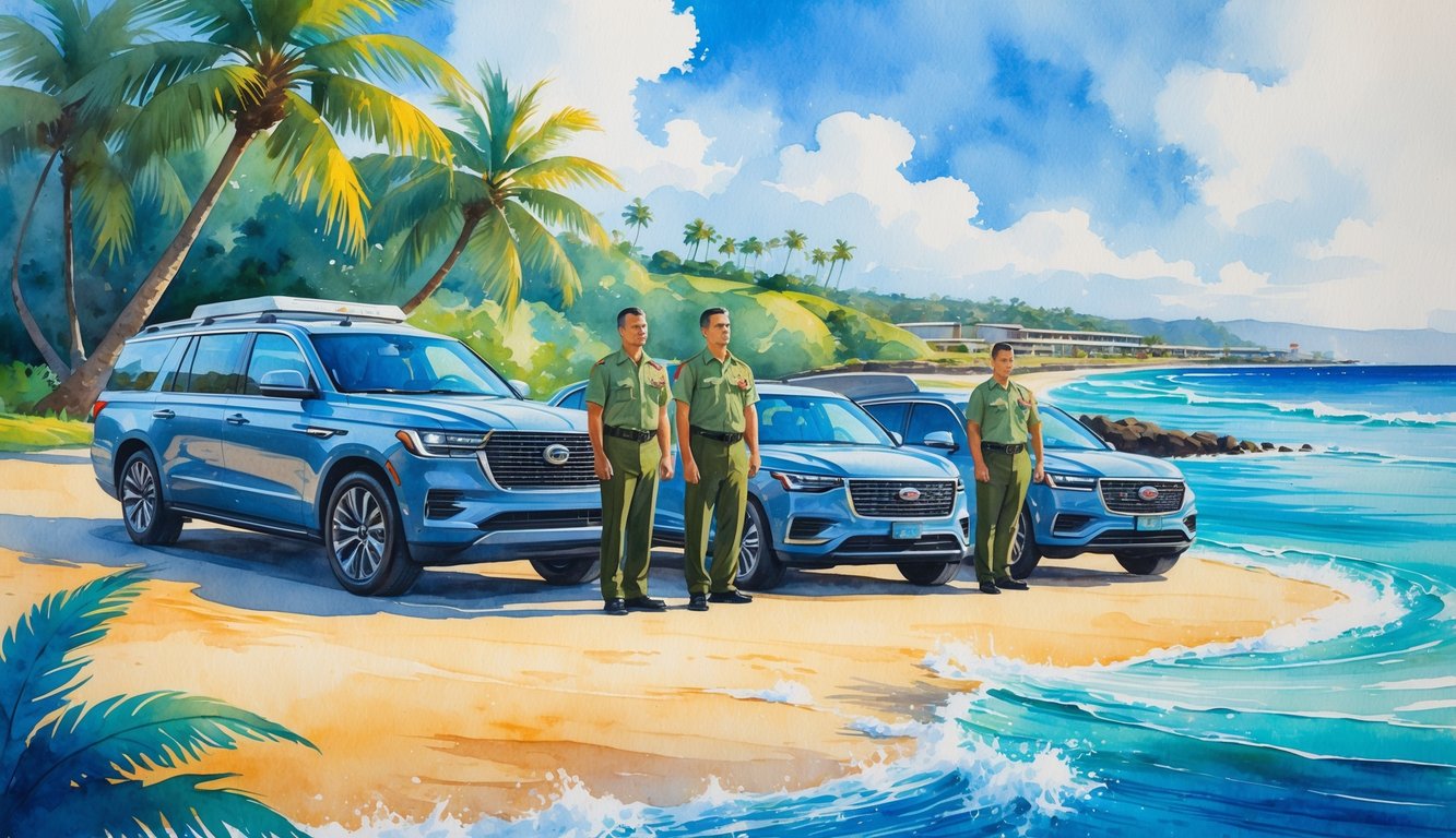 A group of drivers standing beside vehicles near a Hawaiian coastline with palm trees, ocean, and a distant military base.