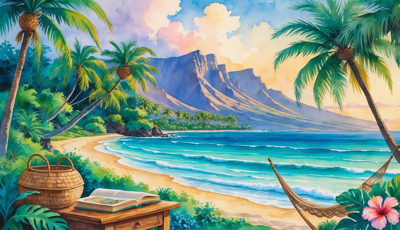 A peaceful Hawaiian landscape with palm trees, volcanic mountains, a calm ocean shoreline, and a wooden table holding a basket of books and a flower lei.