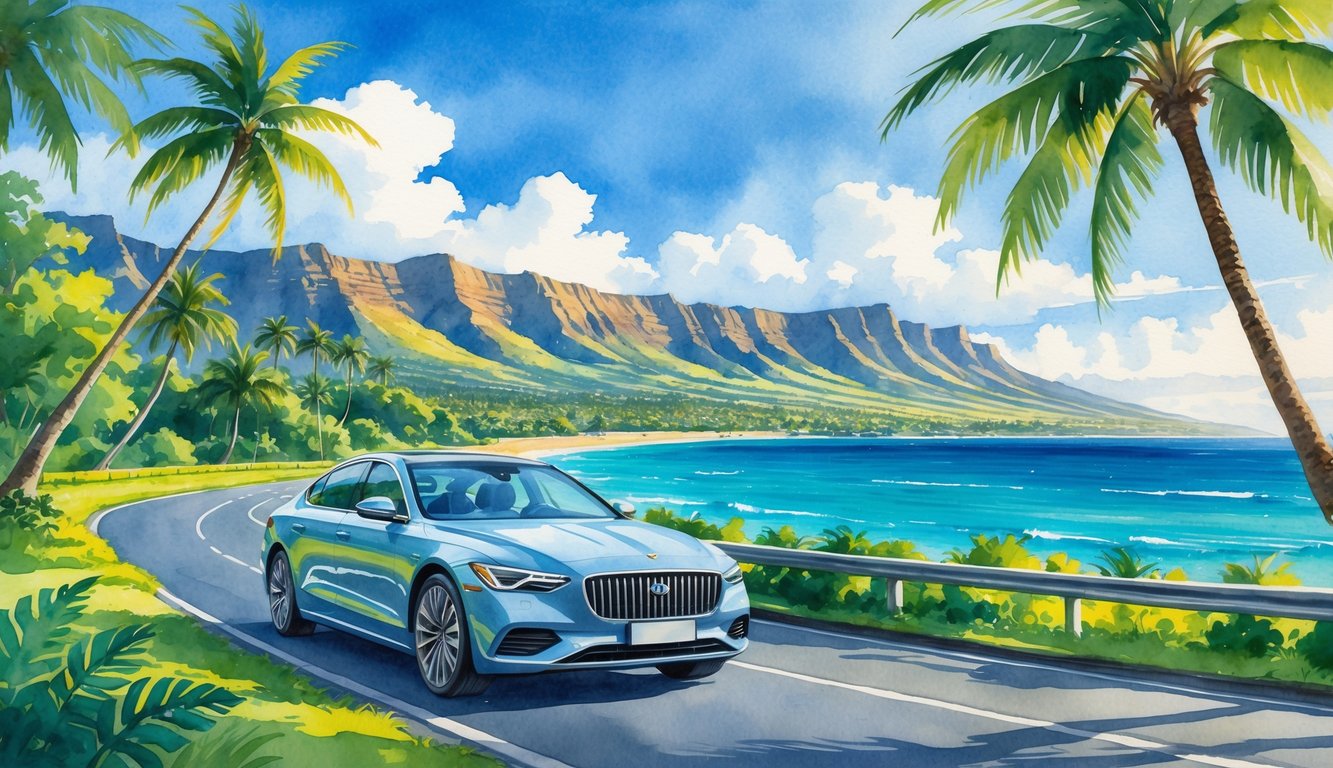 A professional driver in a uniform drives a modern car along a coastal road with palm trees, mountains, and the ocean in the background.
