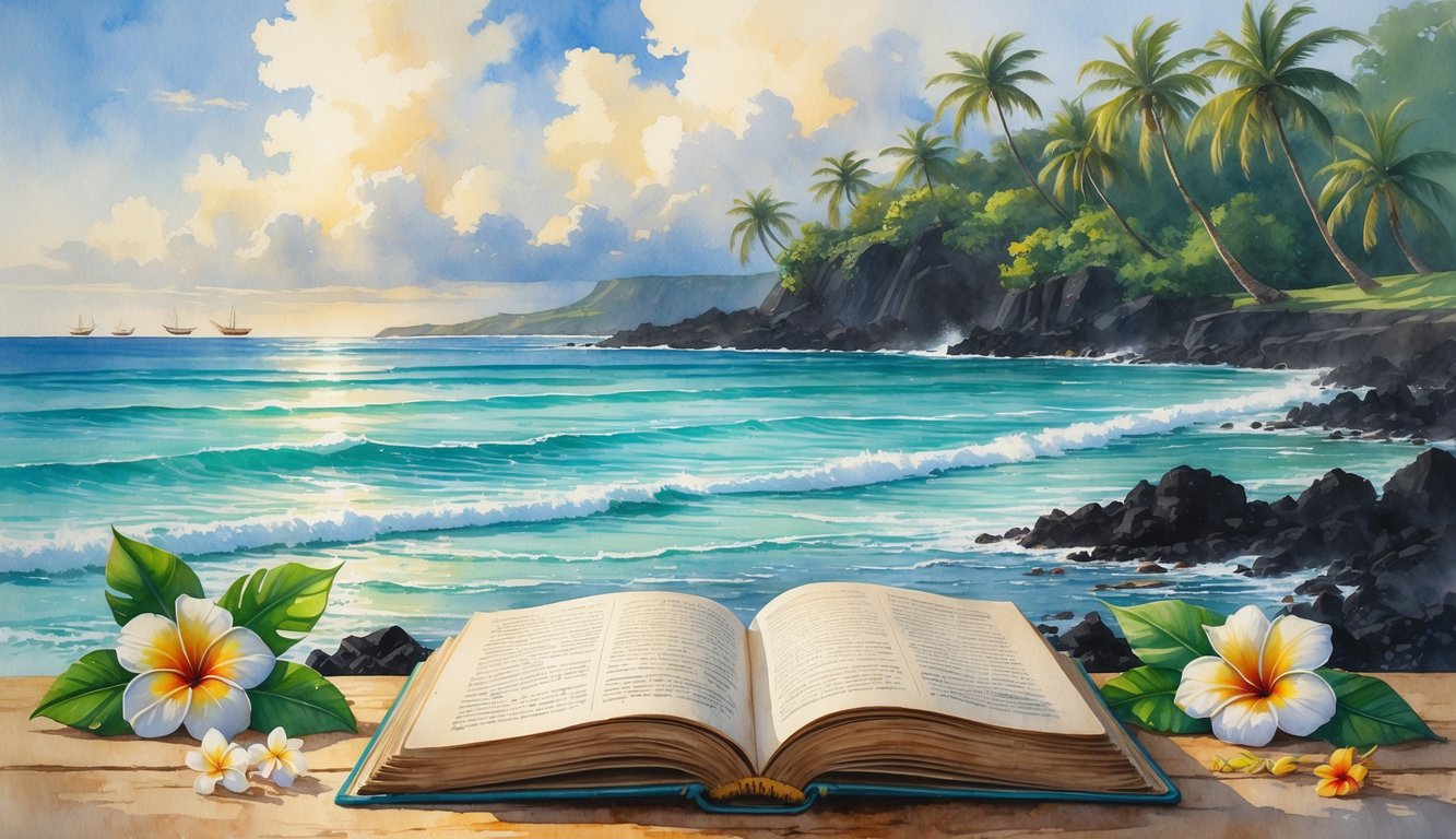 A peaceful Hawaiian beach scene with an open book on a wooden table surrounded by tropical flowers, palm trees, volcanic rocks, and canoes on the water under a partly cloudy sky.