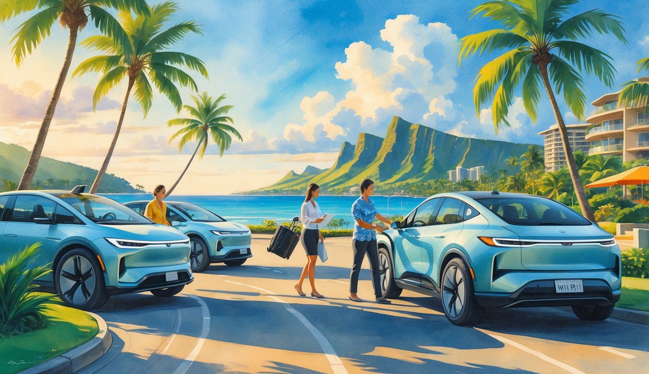 A coastal road in Hawaii with modern electric cars, drivers helping passengers near palm trees and mountains under a bright sky.
