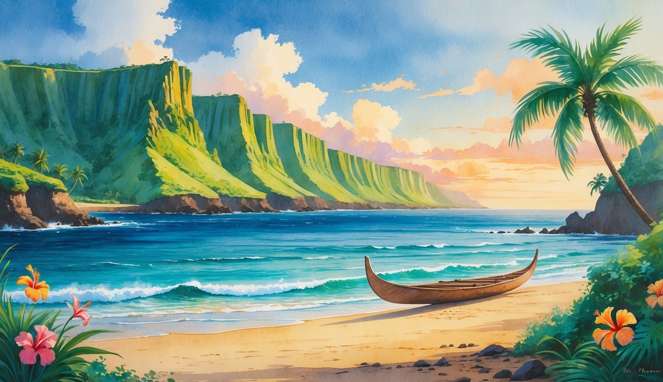 A peaceful coastal scene with green cliffs, blue ocean, tropical flowers, and a traditional Hawaiian canoe on the beach.