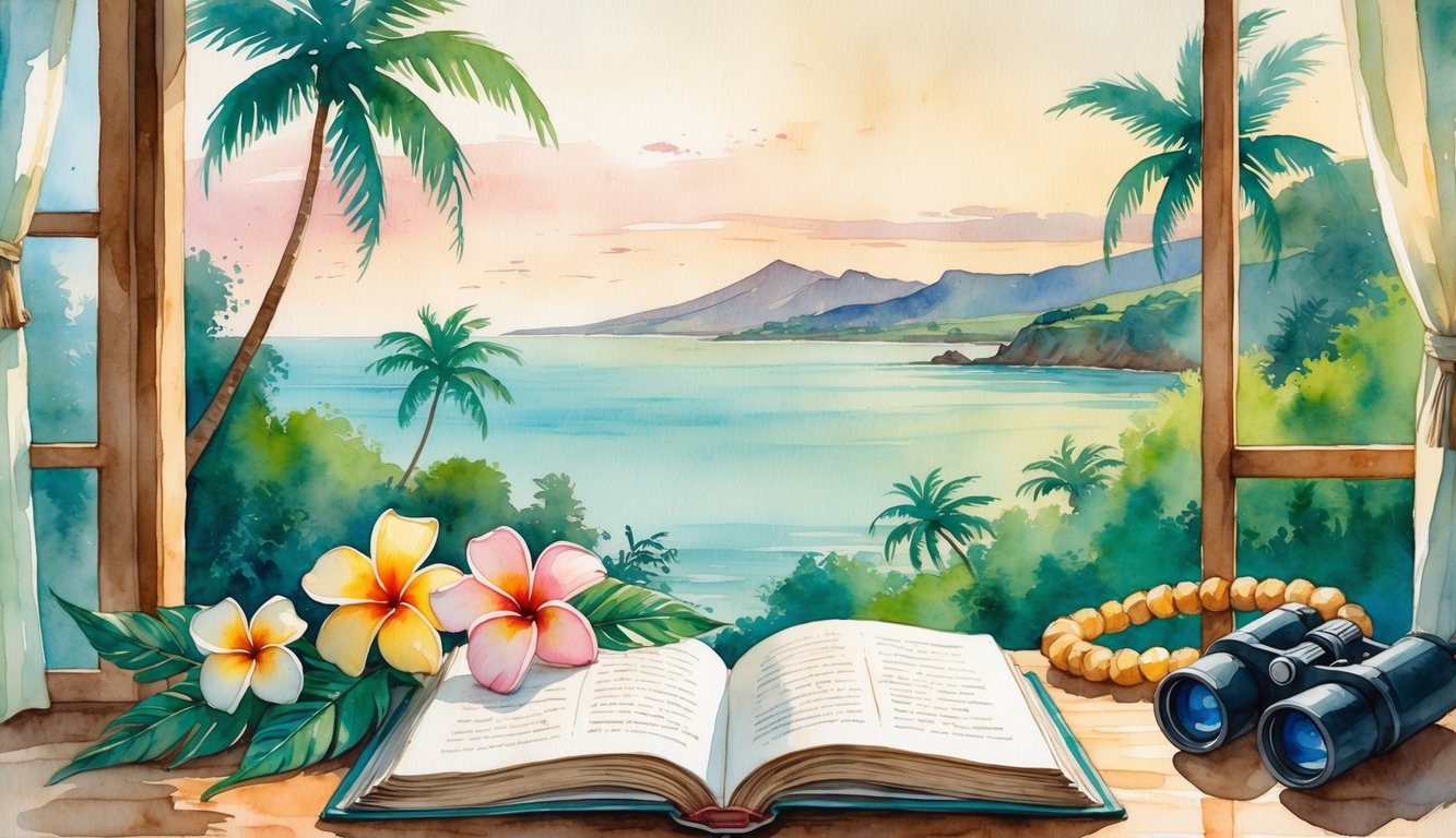 A cozy scene with an open book on a wooden table surrounded by tropical flowers and binoculars, with a view of palm trees, volcanoes, and ocean in the background.
