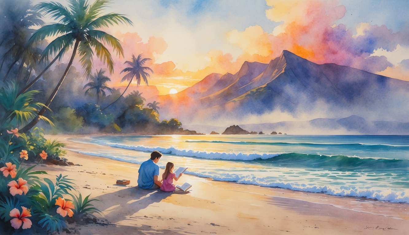 A family of three on a Hawaiian beach at sunset, surrounded by palm trees and mountains in the distance.